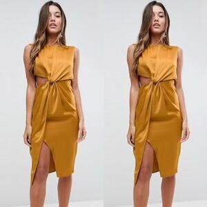 ASOS Golden Yellow Twist Front Satin Cutout Pencil Dress